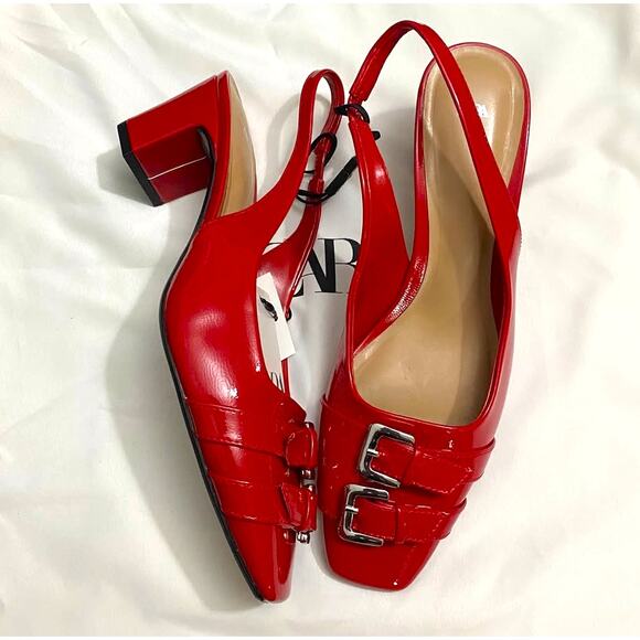ZARA Red Patent Slingback Heels NWT | Double Buckle | Blogger Fave - Picture 4 of 16